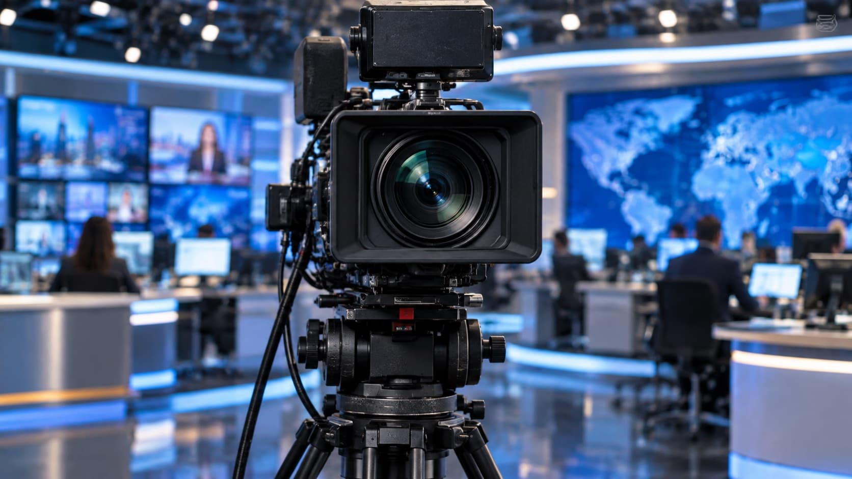 A broadcast camera in a TV newsroom