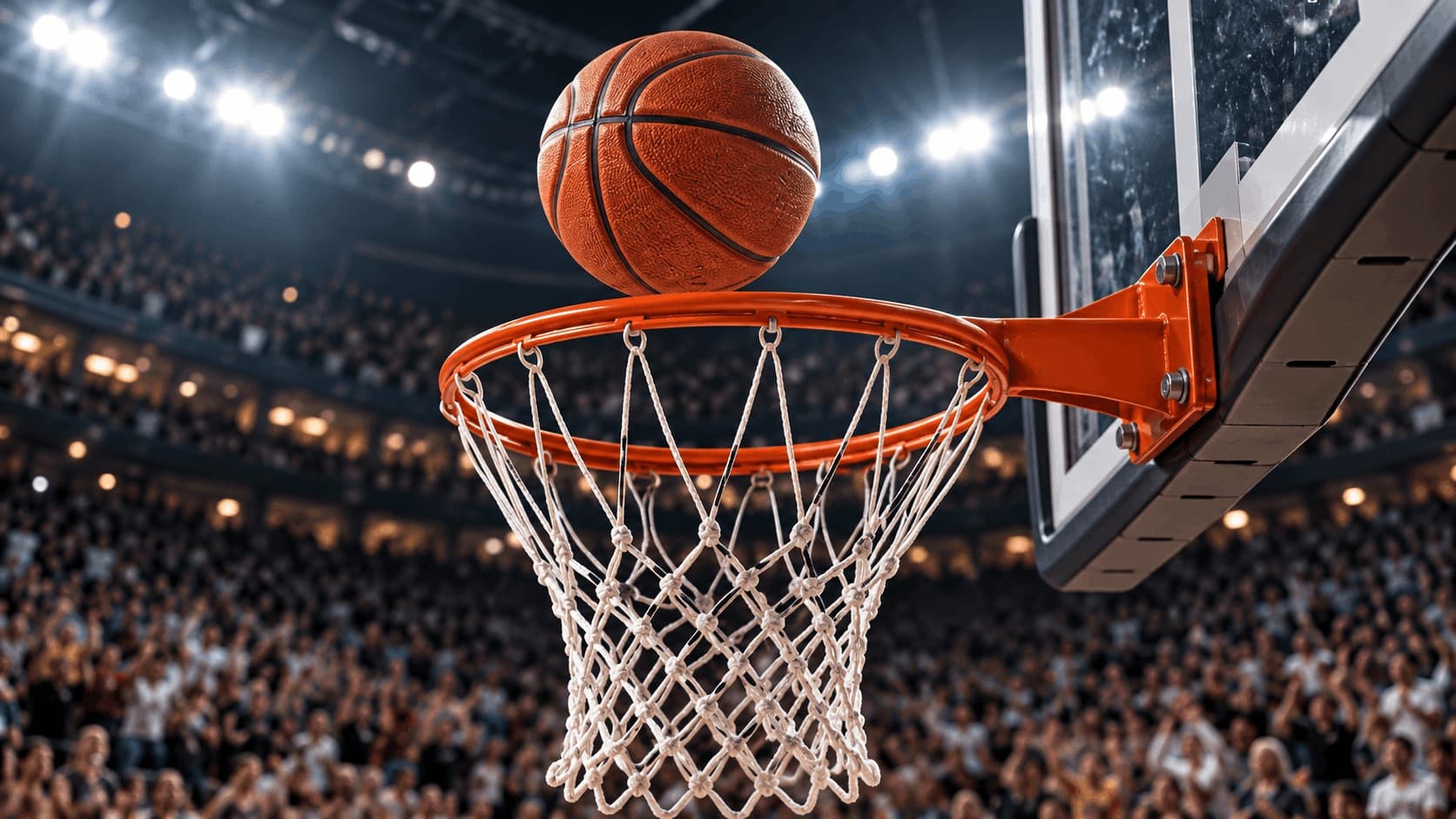 Basketball above the hoop in a packed arena, representing free sports channels and highlights on FreeCast.