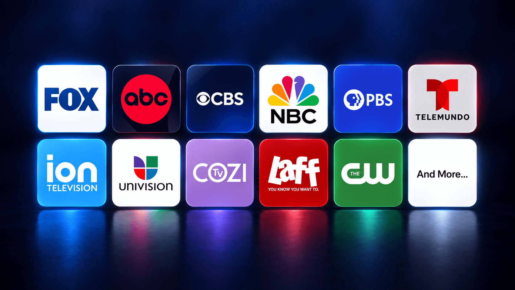 Local network logos on glossy tiles: FOX, ABC, CBS, NBC, PBS, Telemundo, ION, Univision, COZI TV, Laff, The CW and more