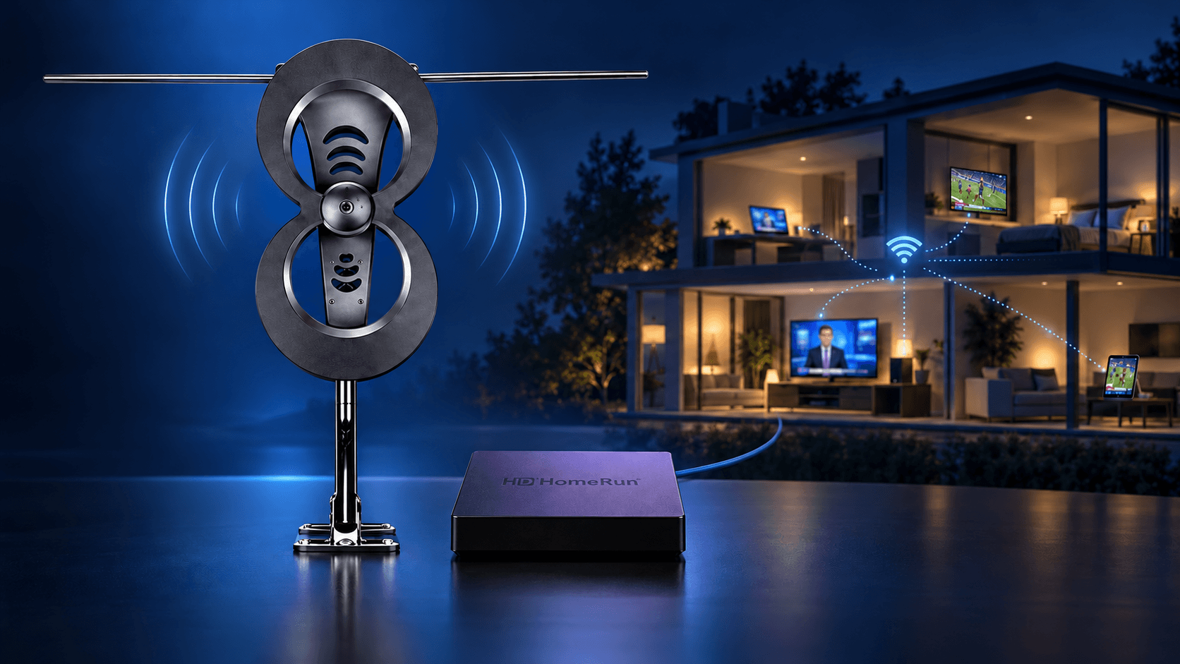 An indoor antenna and a home hub in front of a home with TVs streaming local channels in every room