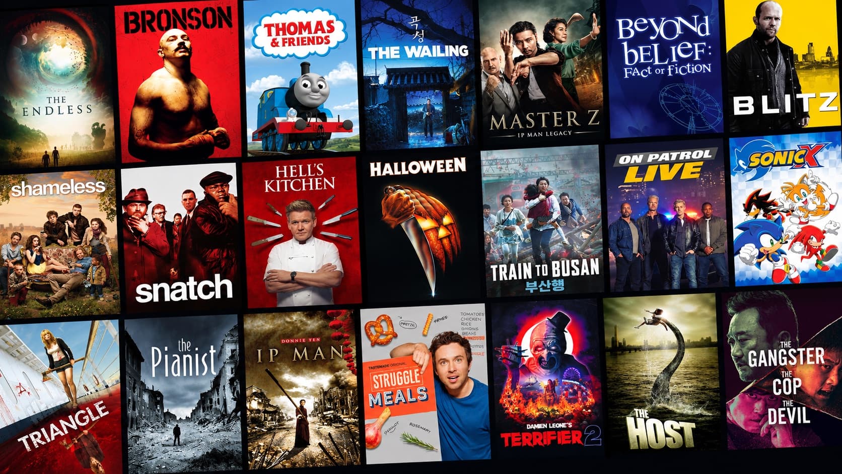 A grid of posters from FreeCast’s free library, including The Endless, Bronson, Thomas & Friends, The Wailing, Shameless, Snatch, Hell’s Kitchen, Halloween, Train to Busan, The Pianist, Ip Man and Terrifier 2