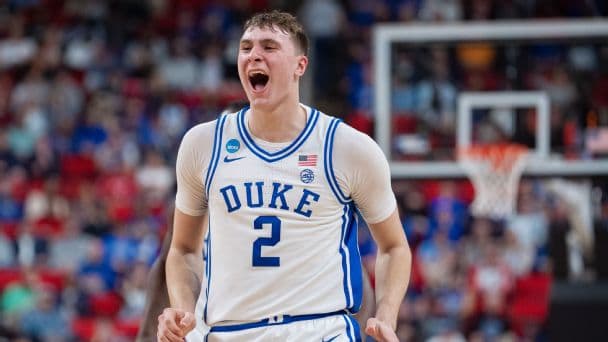Cooper Flagg #2 of the Duke Blue Devils reacts in the first half against the Mount St. Mary's Mountaineers during a first round game of the menâs NCAA basketball tournament at Lenovo Center on March 21, 2025 in Raleigh, North Carolina.