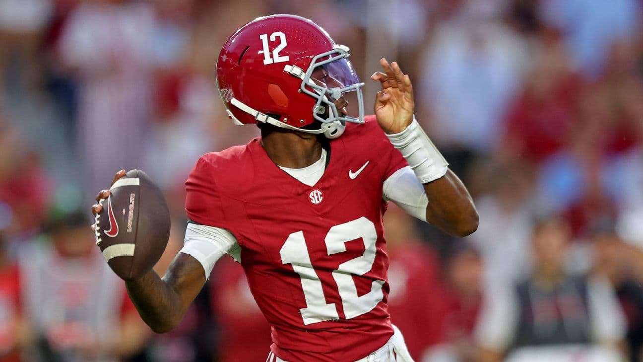 Keelon Russell #12 of the Alabama Crimson Tide throws a pass for a touchdown during the first quarter of the game against the South Carolina Gamecocks at Bryant-Denny Stadium on September 26, 2026 in Tuscaloosa, Alabama.