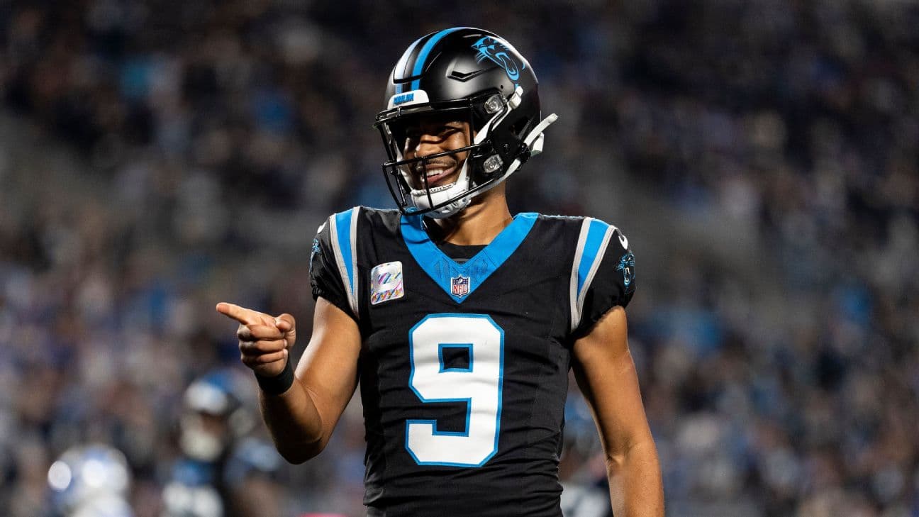 Bryce Young #9 of the Carolina Panthers celebrates after a touchdown against the Detroit Lions during an NFL football game at Bank of America Stadium on October 4, 2026 in Charlotte, North Carolina.