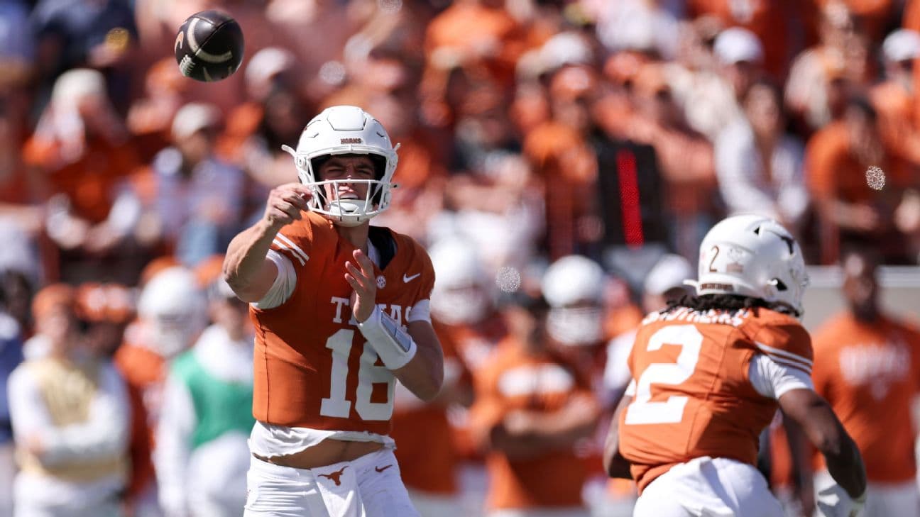 Arch Manning #16 of the Texas Longhorns throws a pass in the second half against the Florida Gators at Darrell K Royal-Texas Memorial Stadium on October 17, 2026 in Austin, Texas.