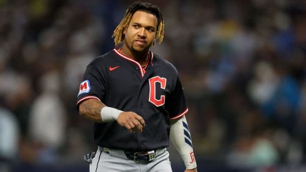 Jose Ramirez of the Cleveland Guardians looks on during Game 6 of the American League Championship Series.