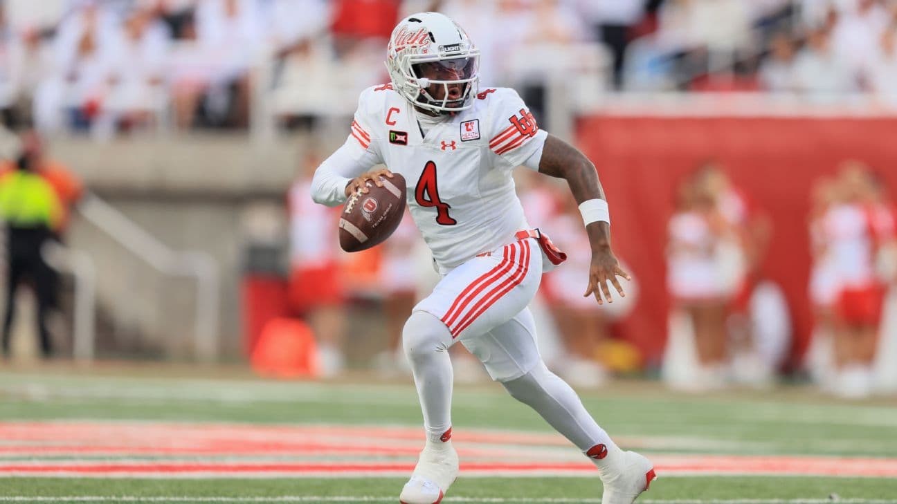 Devon Dampier #4 of the Utah Utes rolls out of the pocket against the Kansas Jayhawks during the first half their game at Rice-Eccles Stadium on October 10, 2026 in Salt Lake City, Utah.