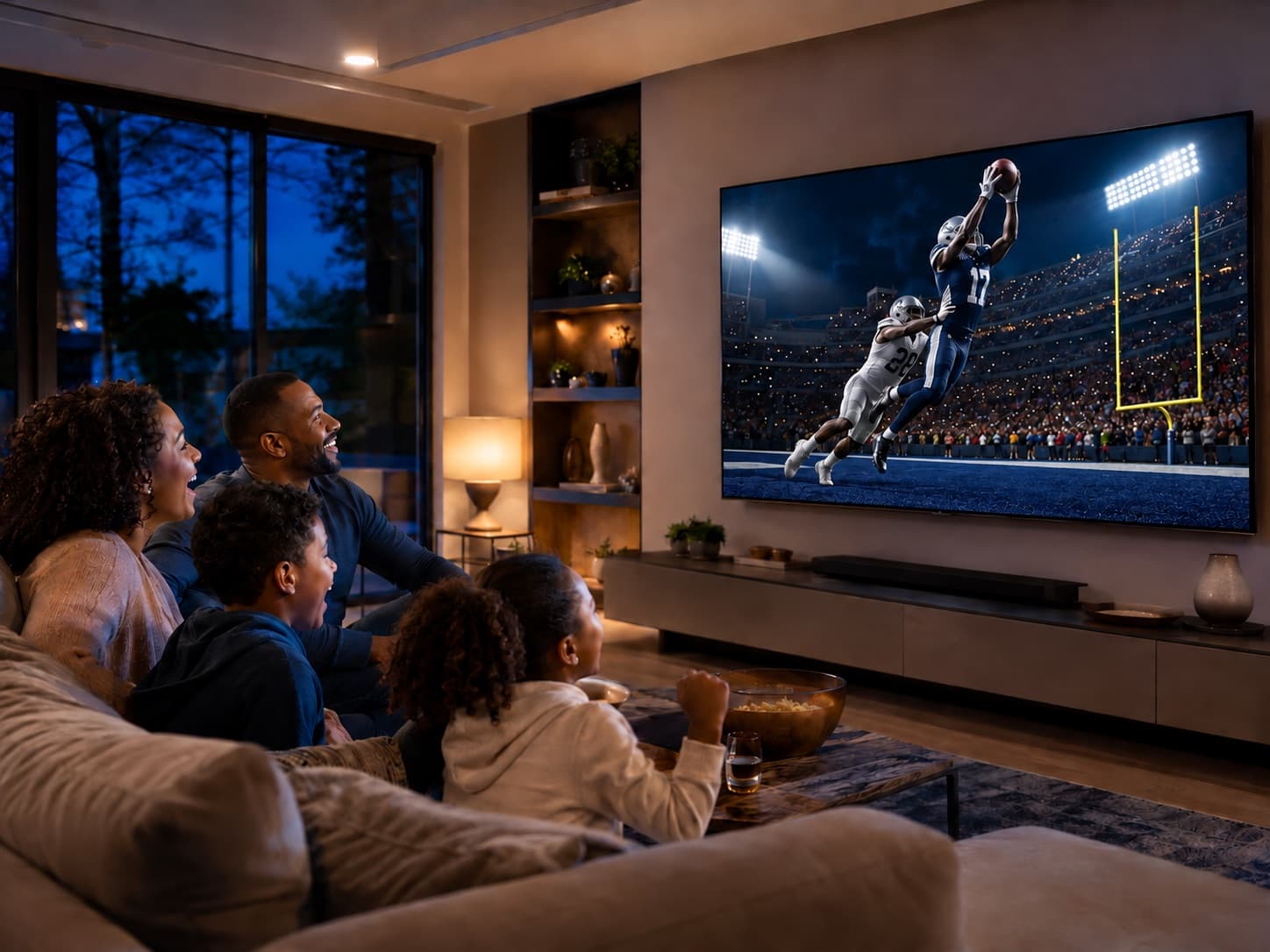 Family watching a football game together on a living room TV