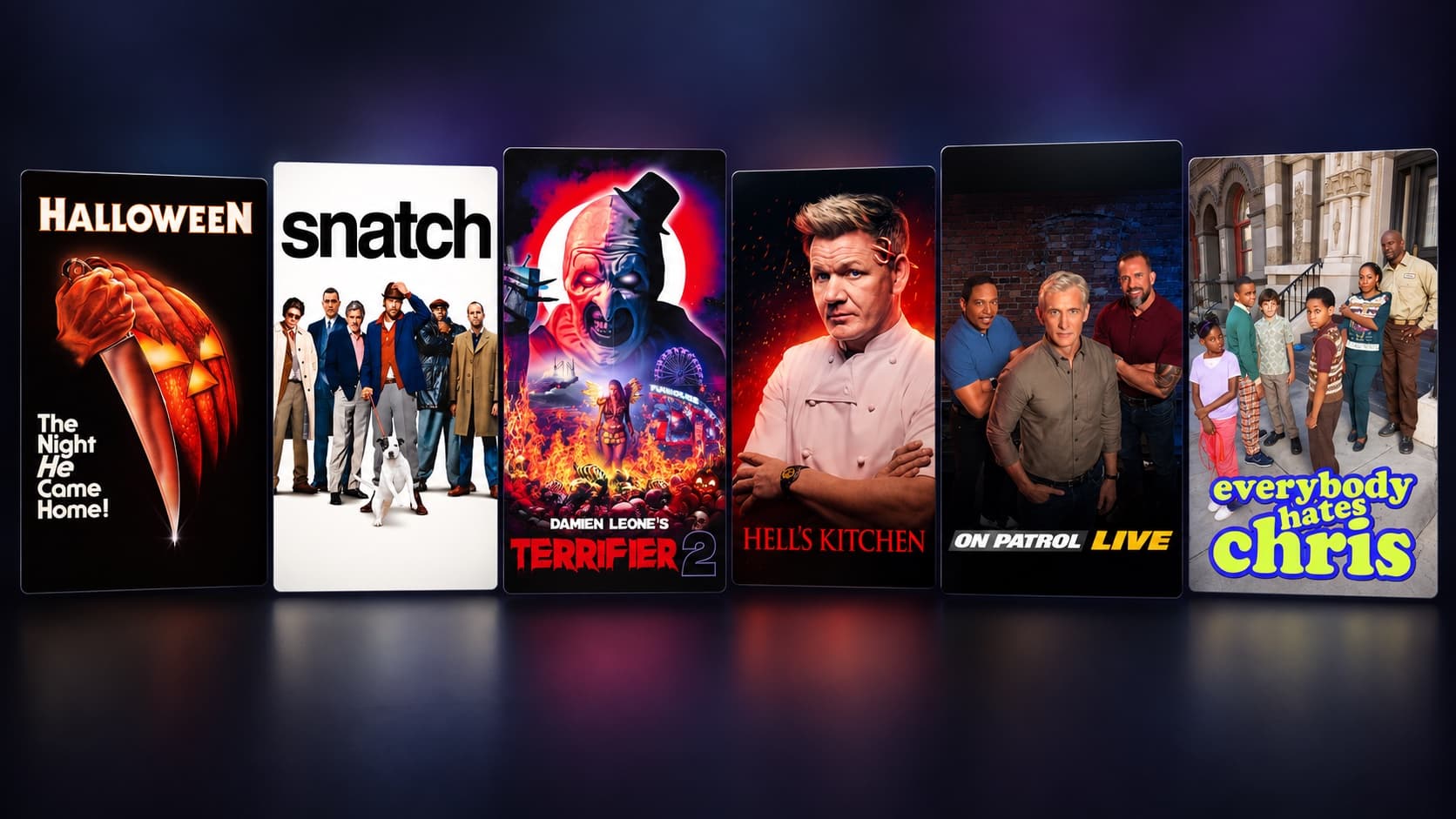A row of movie and TV show posters including Halloween, Snatch, Terrifier 2 and Hell’s Kitchen