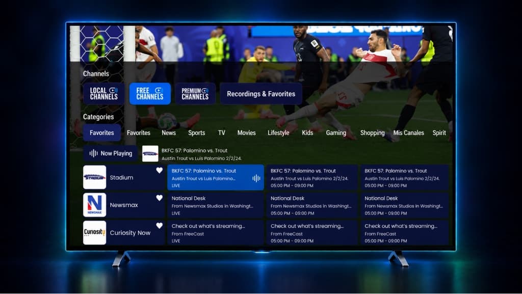 A TV showing the FreeCast channel guide over a live soccer match
