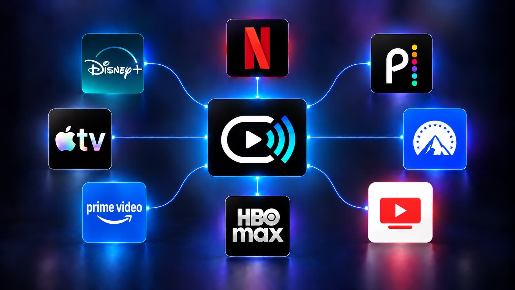 The FreeCast logo linked to Disney+, Netflix, Peacock, Apple TV, Paramount+, Prime Video, HBO Max and YouTube TV