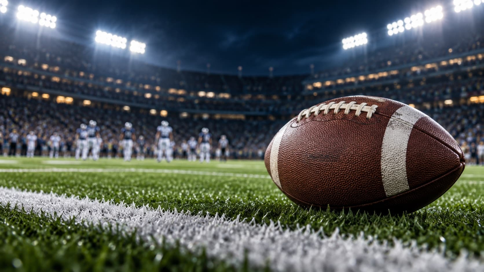 A football resting on the turf of a floodlit stadium
