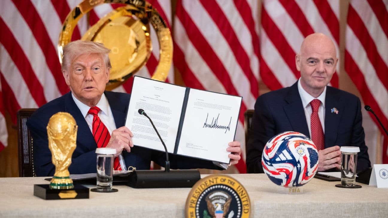 President Donald Trump, left, and Gianni Infantino, president of the Federation International Football Association (FIFA), during a FIFA Task Force meeting in the East Room of the White House in Washington, DC, US, on Tuesday, May 6, 2025.