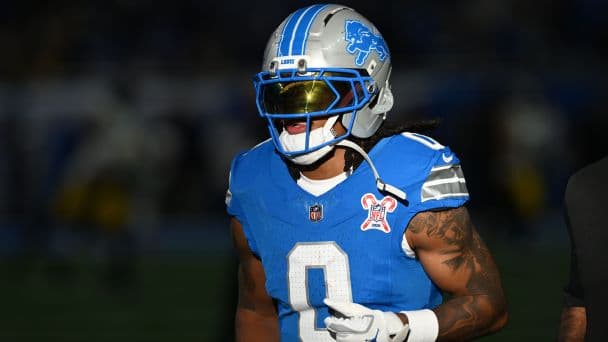 Detroit Lions running back Jahmyr Gibbs (0) warms up before the game against the Pittsburgh Steelers at Ford Field.