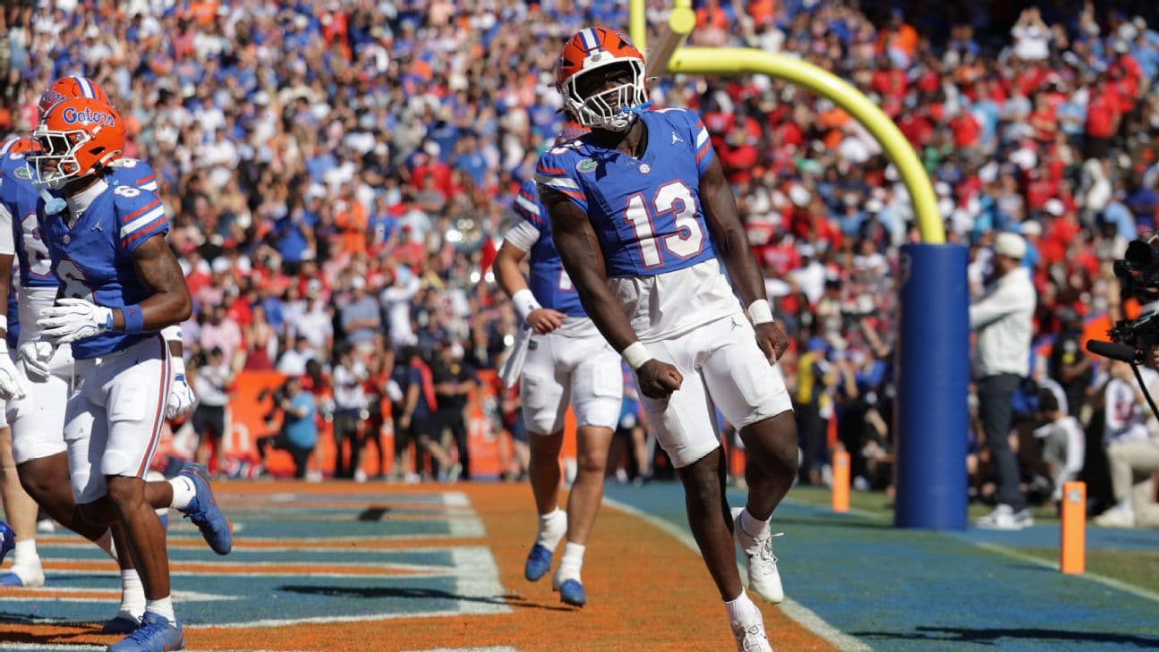 Florida Gators running back Jadan Baugh (13) reacts after scoring a touchdown during the game between the Florida Gators and the Mississippi Rebels on September 26, 2026 at Ben Hill Griffin Stadium in Gainesville, Fl.