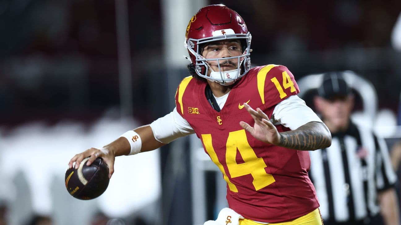 Jayden Maiava #14 of the USC Trojans throws down field during a game against the Washington Huskies at Los Angeles Memorial Coliseum on October 03, 2026 in Los Angeles, California.