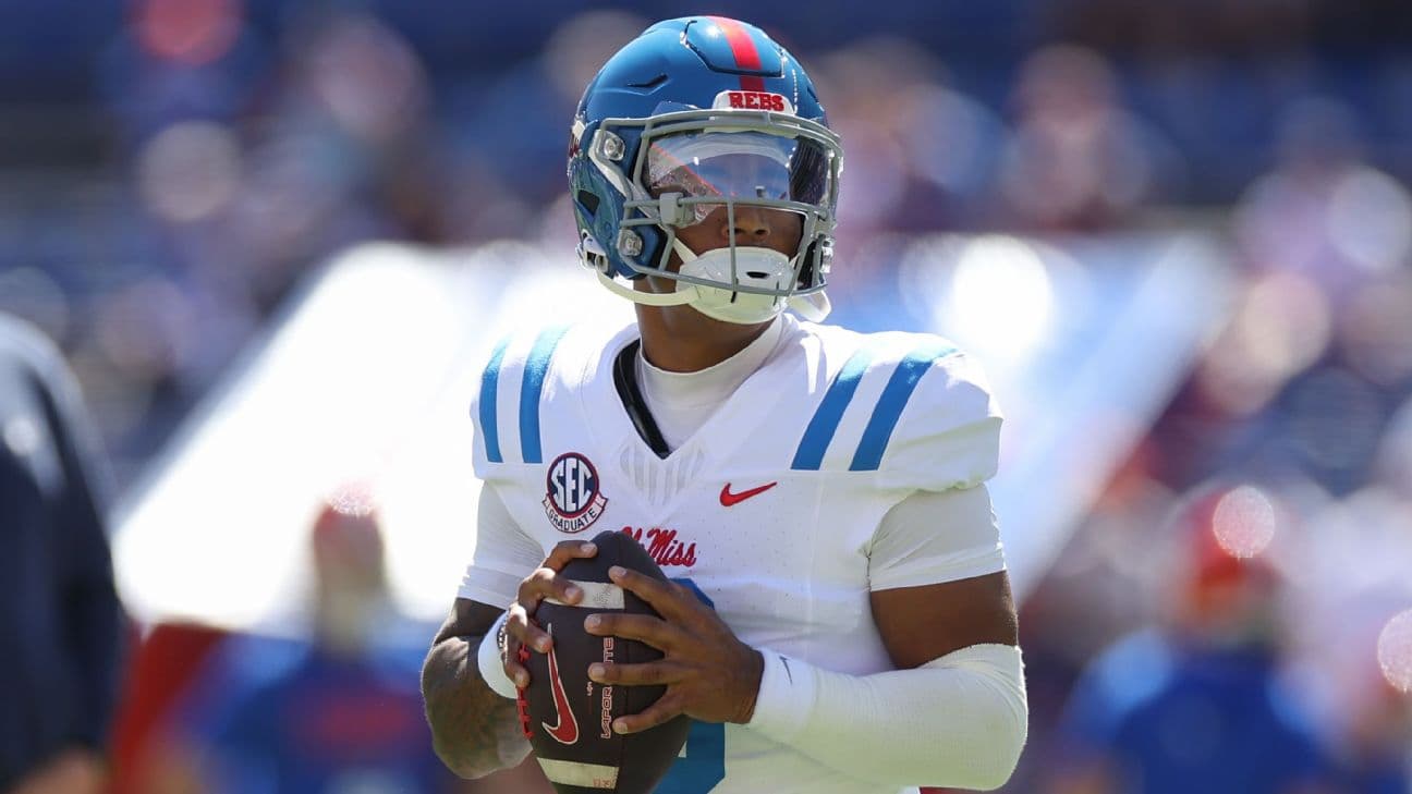 Mississippi Rebels quarterback Trinidad Chambliss (6) warms up before the game between the Florida Gators and the Mississippi Rebels on September 26, 2026 at Ben Hill Griffin Stadium in Gainesville, Fl.