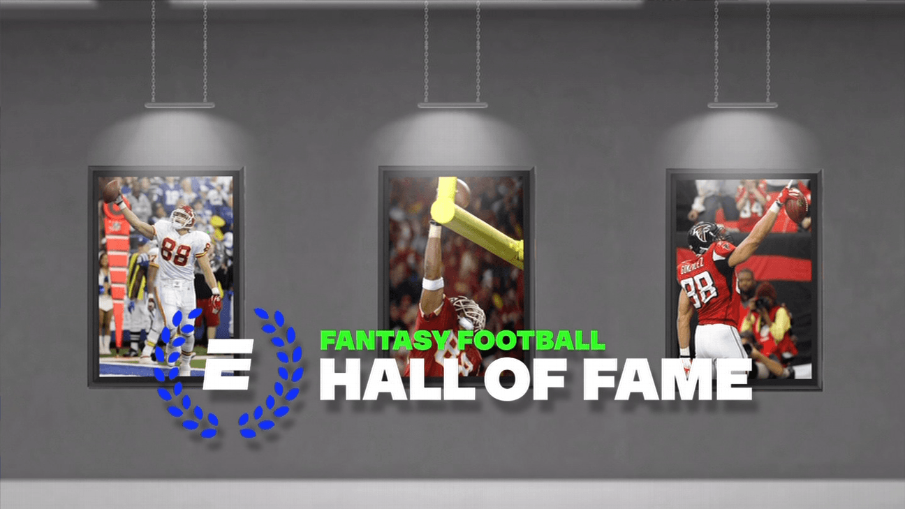 Graphic design of Tony Gonzalez highlights in the virtual ESPN Fantasy Football Hall of Fame