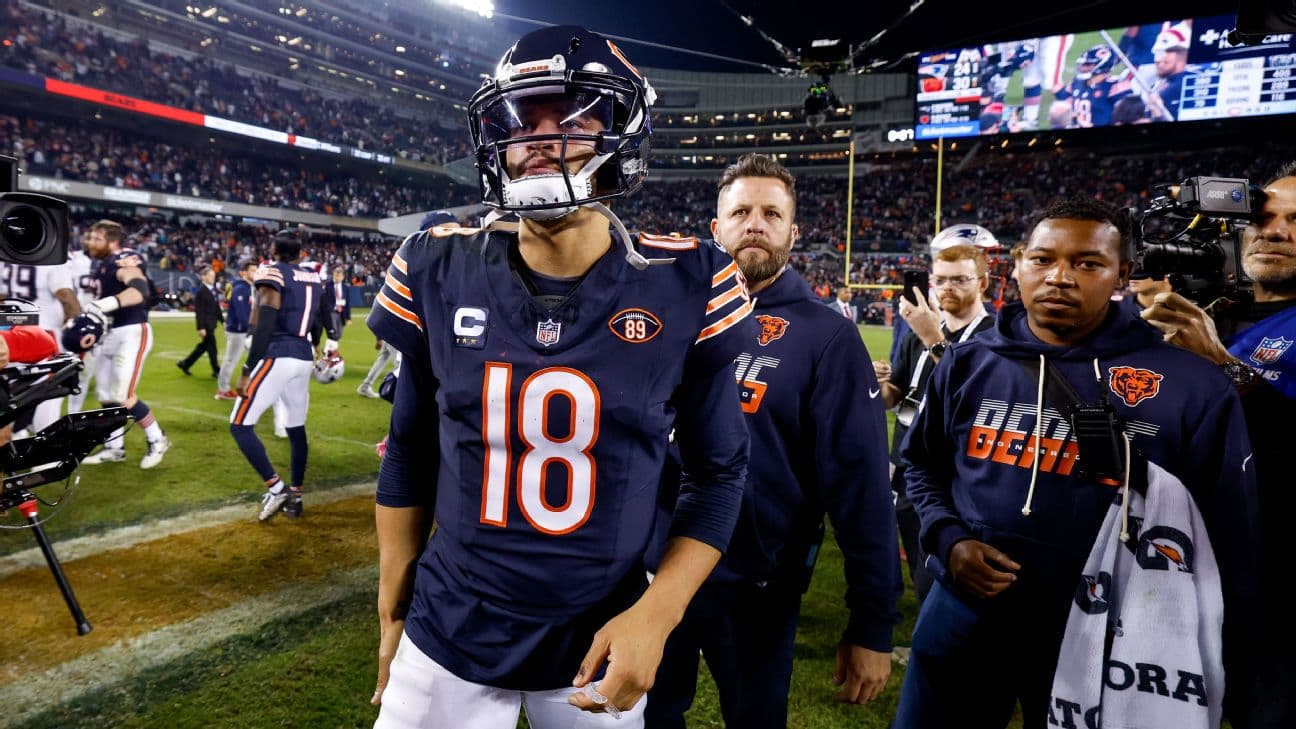 Caleb Williams #18 of the Chicago Bears looks on after a game against the New England Patriots at Soldier Field on October 22, 2026 in Chicago, Illinois.