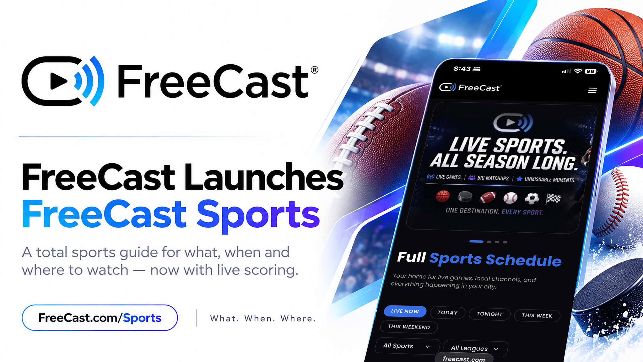 FreeCast Sports live sports guide featuring game schedules, live scores, sports leagues, and TV streaming information.