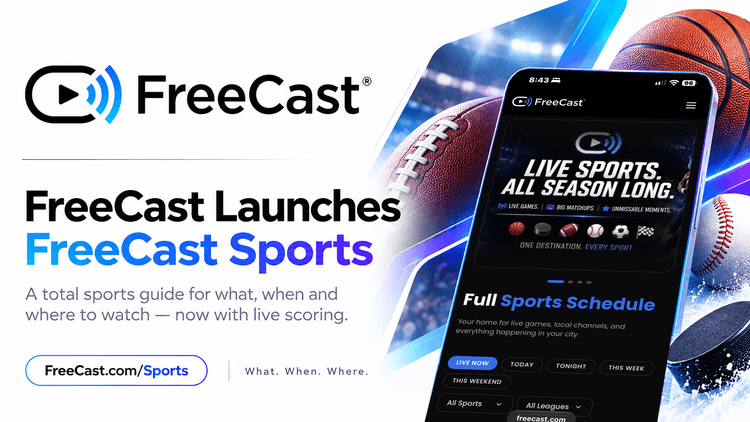 FreeCast Sports live sports guide featuring game schedules, live scores, sports leagues, and TV streaming information.