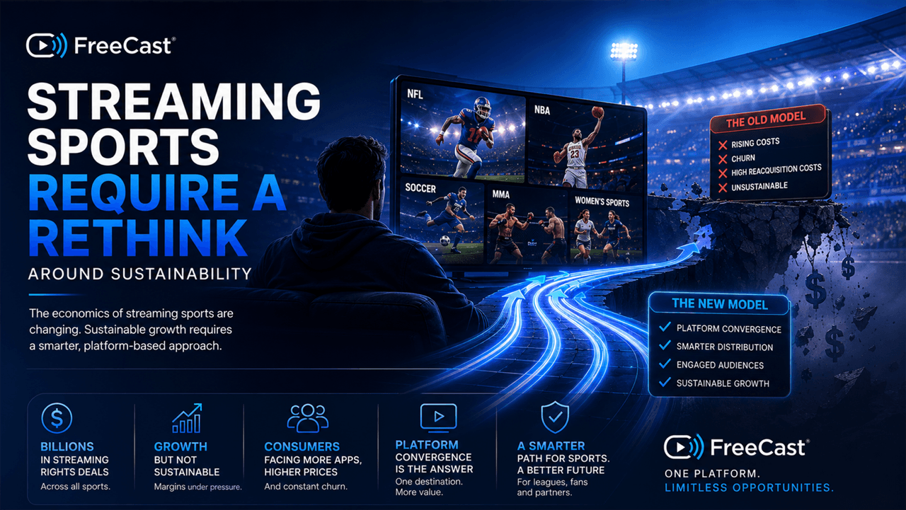 FreeCast research graphic examining streaming sports sustainability, contrasting rising rights costs and subscriber churn with platform convergence, smarter distribution and sustainable growth.