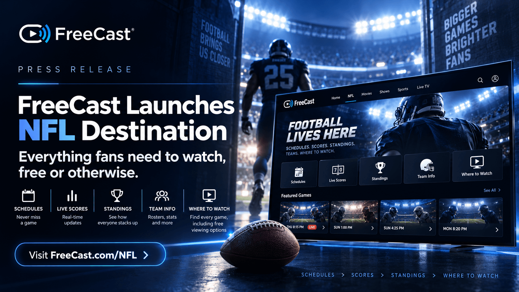 Graphic banner showing FreeCast launching NFL Destination page