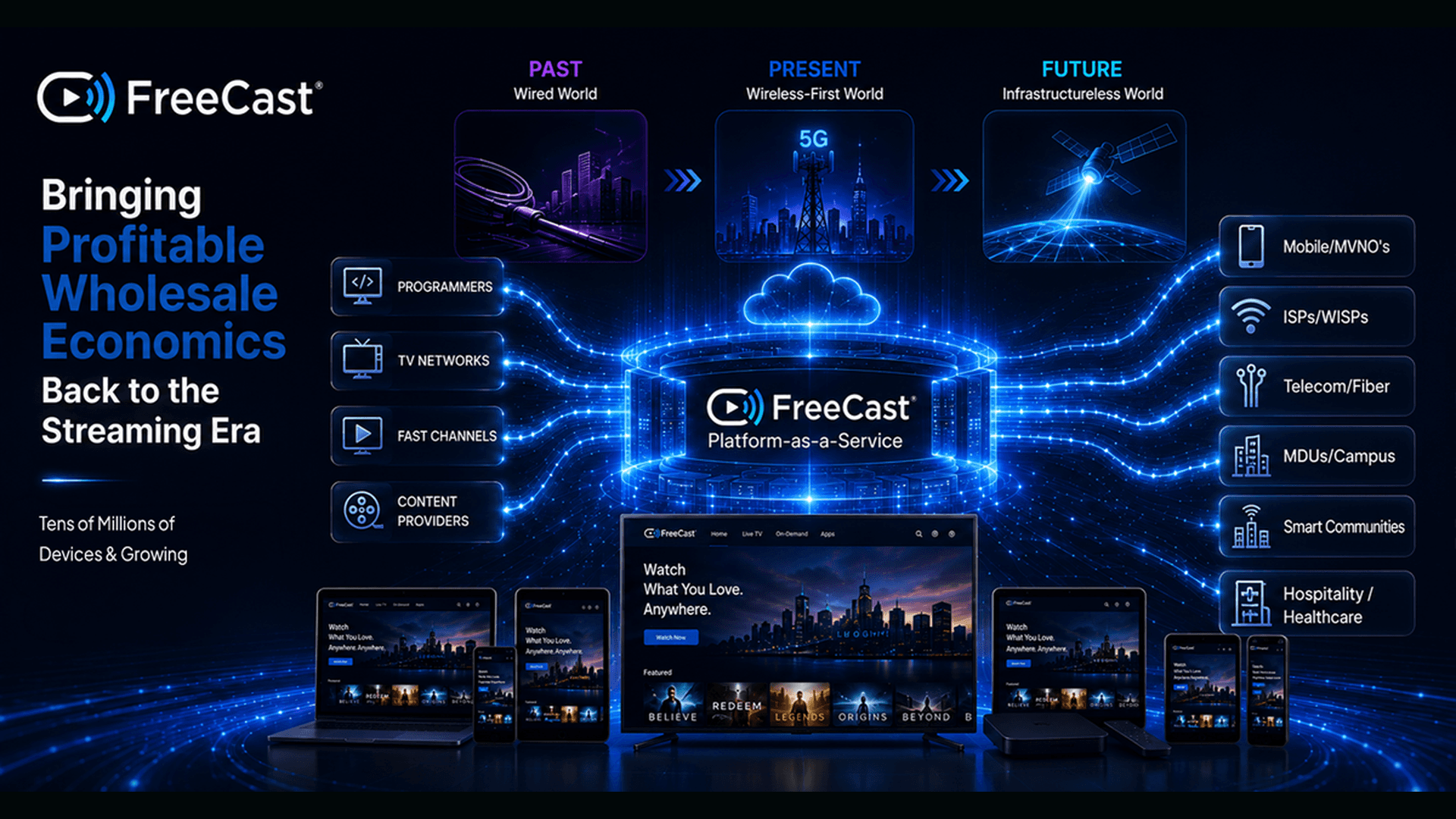 FreeCast Platform-as-a-Service graphic showing how the company brings profitable wholesale economics back to streaming through an infrastructure-less platform connecting programmers, TV networks, FAST channels, and content providers to mobile MVNOs, ISPs, telecoms, MDUs, smart communities, and hospitality providers.