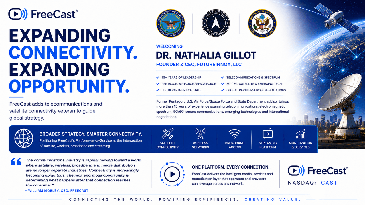 FreeCast welcomes Dr. Nathalia Gillot, founder and CEO of FutureInnox, to guide its global telecommunications, satellite connectivity and 5G/6G strategy.
