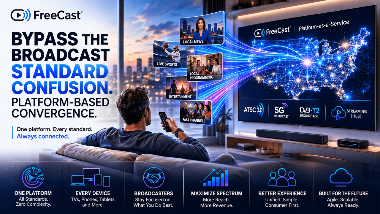 FreeCast Platform-as-a-Service unifies ATSC 3.0, 5G Broadcast, DVB-T2 and HLS streaming across devices for broadcasters.