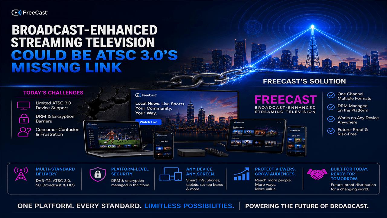 FreeCast BEST infographic showing how broadcast-enhanced streaming television solves ATSC 3.0, DRM, encryption, and device compatibility challenges through multi-standard delivery.