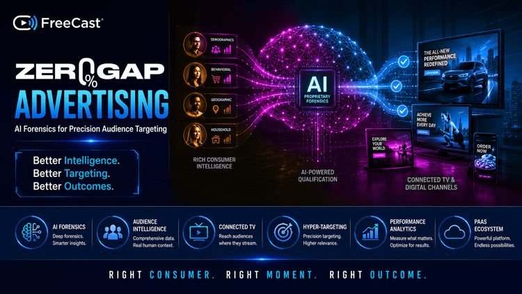 FreeCast Zer0Gap Advertising graphic showing AI Forensics and rich consumer intelligence for precision audience targeting across connected TV and digital channels, created by Orlando, FL-based FreeCast, Inc.