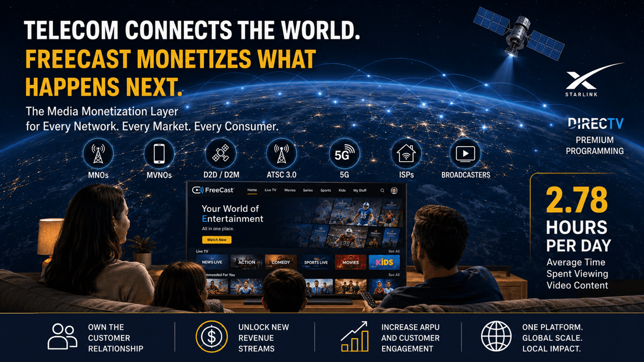 FreeCast global media monetization graphic showing telecom networks, 5G, ATSC 3.0, ISPs and broadcasters connecting consumers to streaming entertainment, with Starlink and DIRECTV integrations and benefits including new revenue streams, higher ARPU and customer engagement.