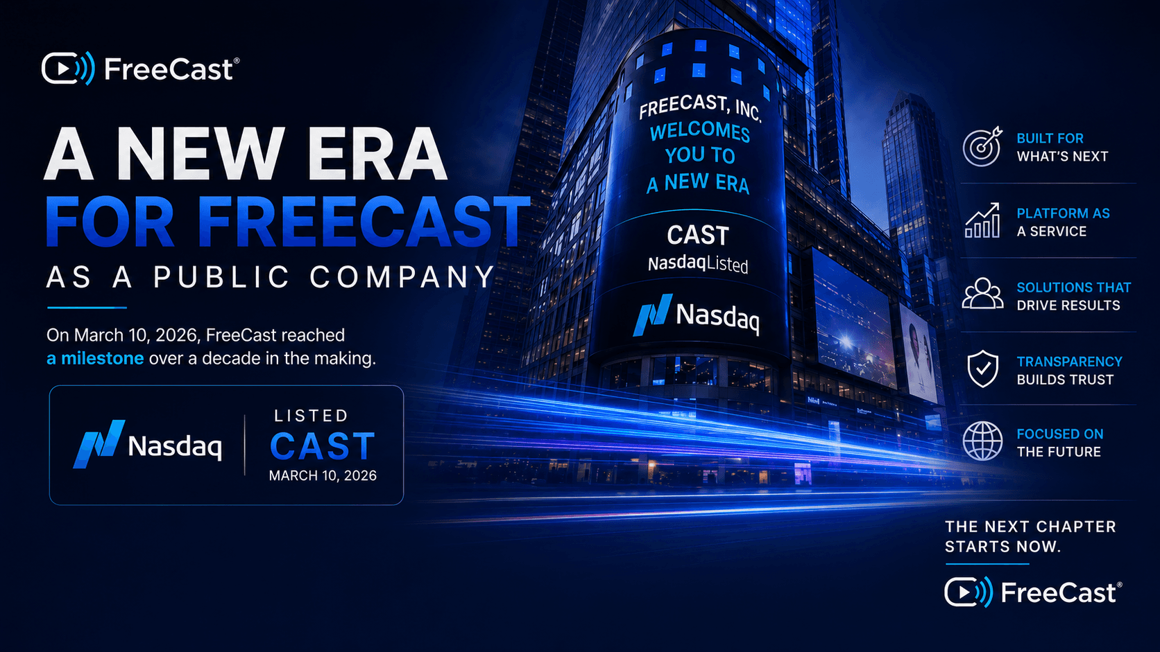 reeCast banner announcing “A New Era for FreeCast as a Public Company,” commemorating its March 10, 2026 Nasdaq listing under the ticker CAST.