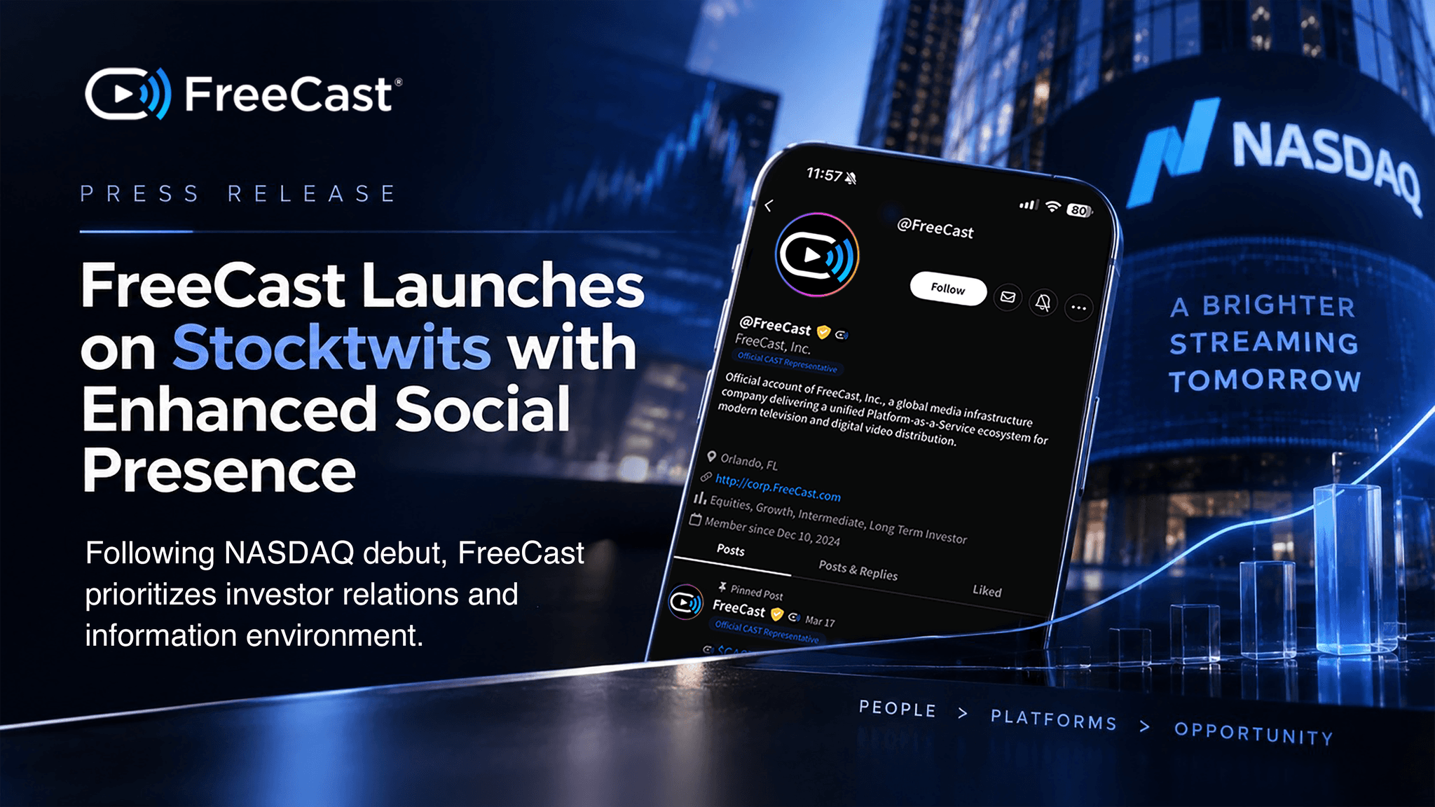 FreeCast launches on Stocktwits with an enhanced social presence, shown alongside its official Stocktwits profile, the Nasdaq logo, and an upward-trending graph.