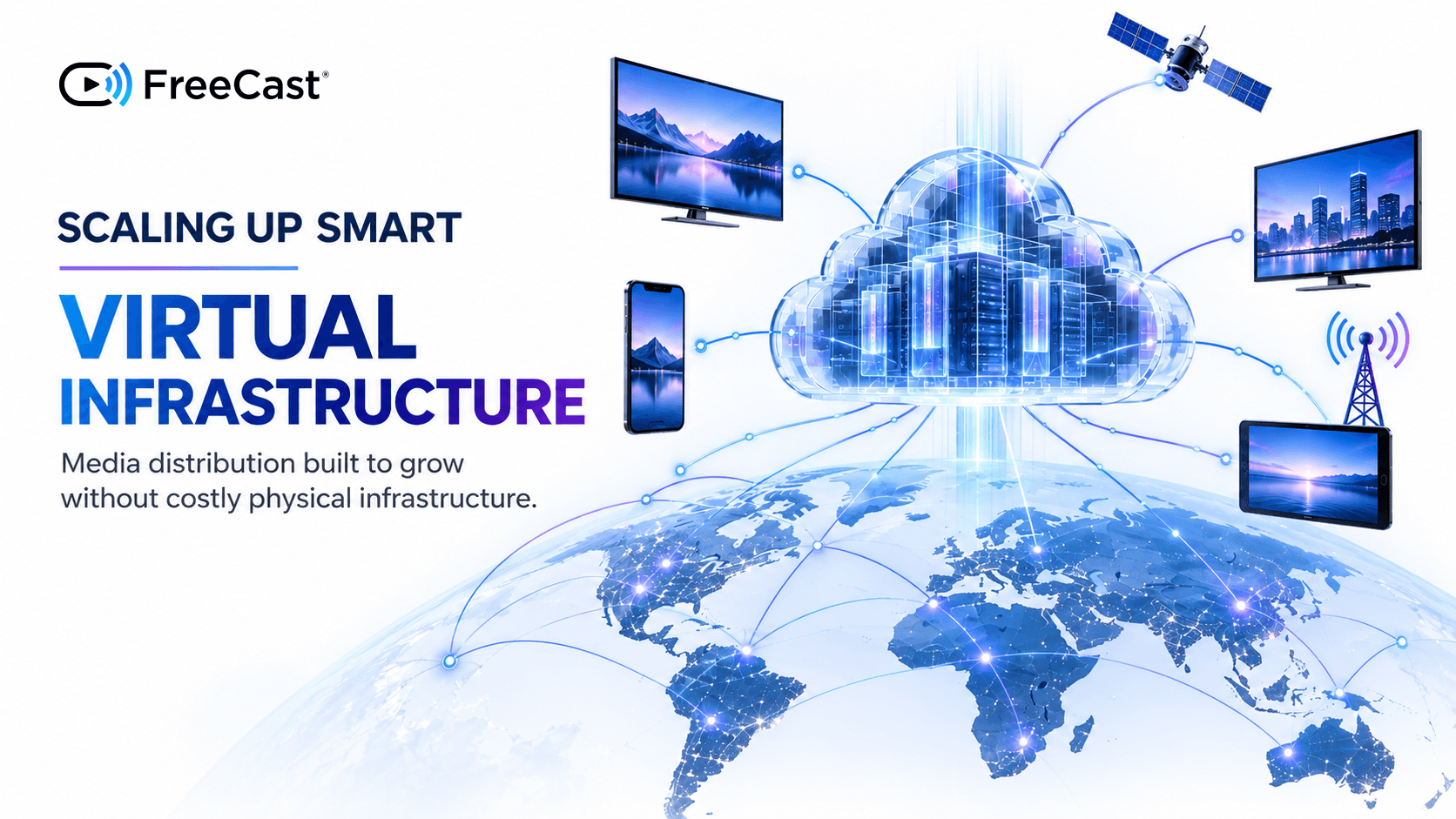 FreeCast “Scaling Up Smart” graphic showing cloud infrastructure connecting TVs, mobile devices, a satellite and a broadcast tower for global media distribution without costly physical infrastructure.