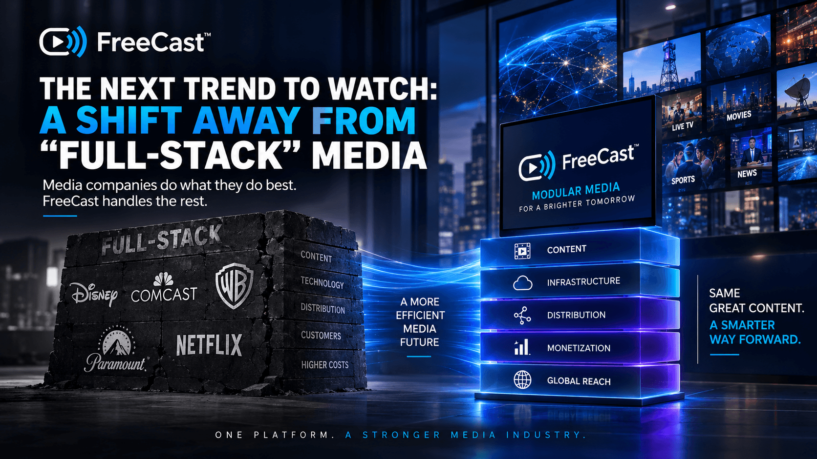 FreeCast industry research graphic titled “The Next Trend to Watch: A Shift Away from ‘Full-Stack’ Media.” A cracked full-stack media block gives way to a modular FreeCast platform for content, infrastructure, distribution, monetization, and global reach.
