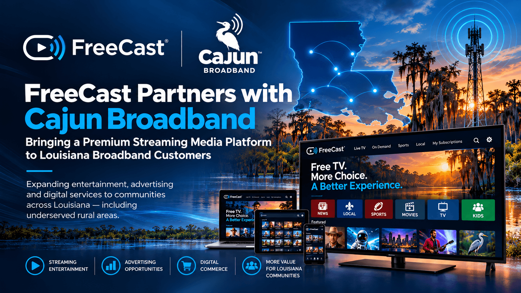 FreeCast and Cajun Broadband announce a partnership to expand streaming entertainment, advertising, and digital services across Louisiana. The graphic features both company logos, a connected Louisiana map, broadband infrastructure, and FreeCast displayed across multiple devices.