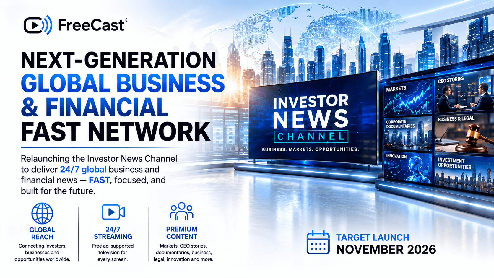 FreeCast announces the relaunch of the Investor News Channel, a 24/7 global business and financial FAST network featuring market coverage, CEO stories, documentaries, legal news, innovation, and investment opportunities, with a target launch of November 2026.