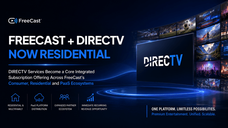 FreeCast and DIRECTV residential partnership announcement featuring integrated streaming, subscription services, and entertainment platform expansion.