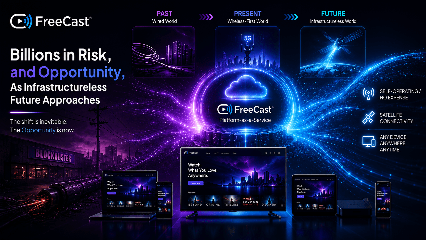 FreeCast Platform-as-a-Service infographic showing the shift from wired cable infrastructure to 5G, cloud streaming, satellite connectivity, and an infrastructureless media future across TVs, laptops, tablets, smartphones, and streaming devices.
